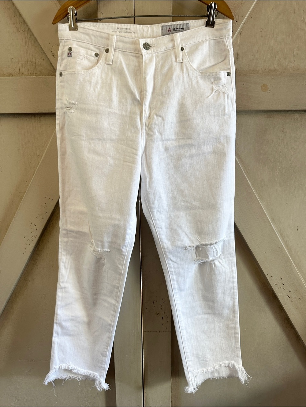 AG Adriano Goldschmied Phoebe White High Rise Distressed Raw Hem Jeans 31R